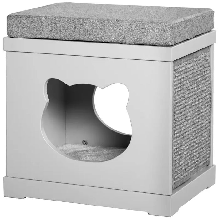 2-Level Cat House – Grey | Compact Cat Condo - Cushion, Sisal Scratching Pads and Hideaway Box PAWHUT - Little and Giant Explorers PawHut
