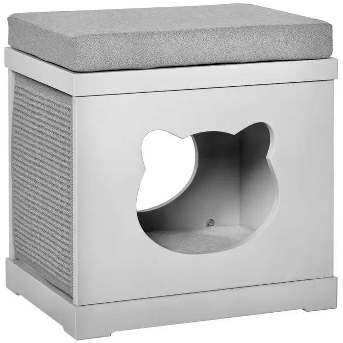 2-Level Cat House – Grey | Compact Cat Condo - Cushion, Sisal Scratching Pads and Hideaway Box PAWHUT - Little and Giant Explorers PawHut