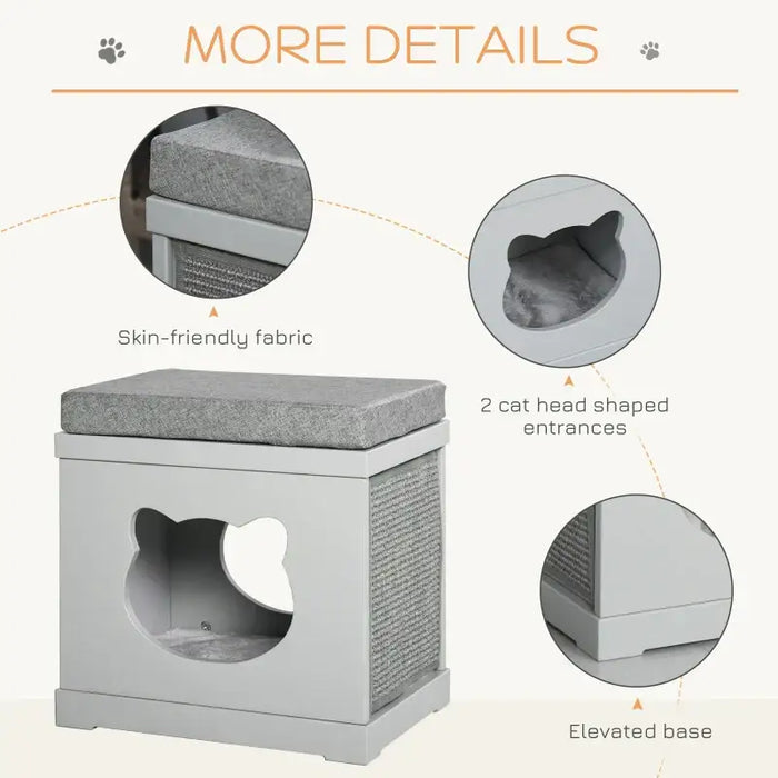 2-Level Cat House – Grey | Compact Cat Condo - Cushion, Sisal Scratching Pads and Hideaway Box PAWHUT - Little and Giant Explorers PawHut