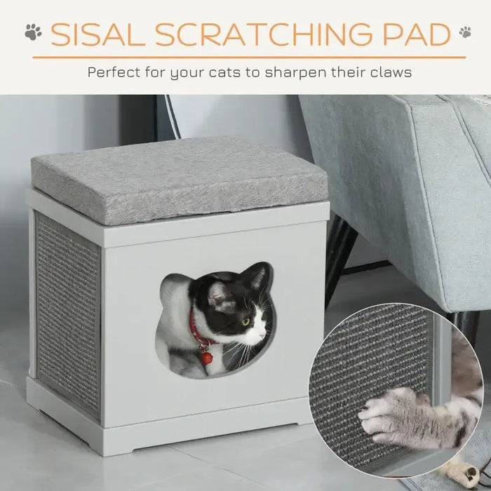 2-Level Cat House – Grey | Compact Cat Condo - Cushion, Sisal Scratching Pads and Hideaway Box PAWHUT - Little and Giant Explorers PawHut