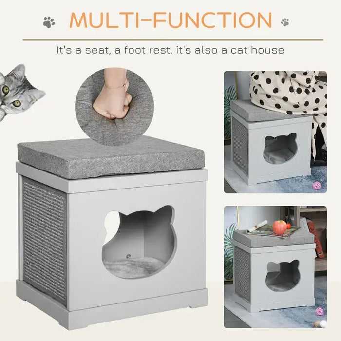 2-Level Cat House – Grey | Compact Cat Condo - Cushion, Sisal Scratching Pads and Hideaway Box PAWHUT - Little and Giant Explorers PawHut