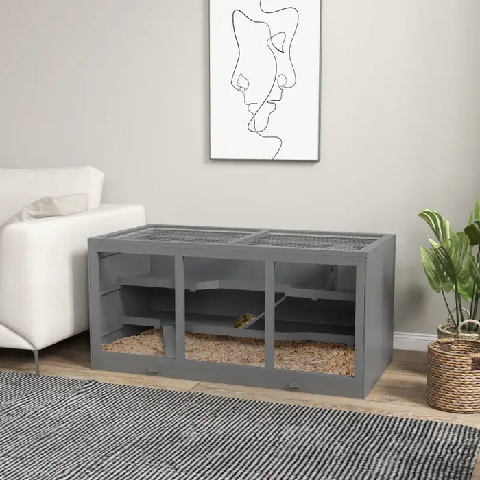 2-Level Wooden Hamster Cage - Grey | Gerbil Habitat with Spacious Run Area PAWHUT - Little and Giant Explorers PawHut