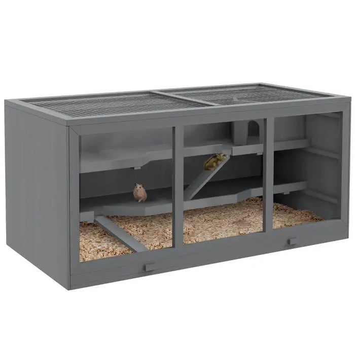 2-Level Wooden Hamster Cage - Grey | Gerbil Habitat with Spacious Run Area PAWHUT - Little and Giant Explorers PawHut