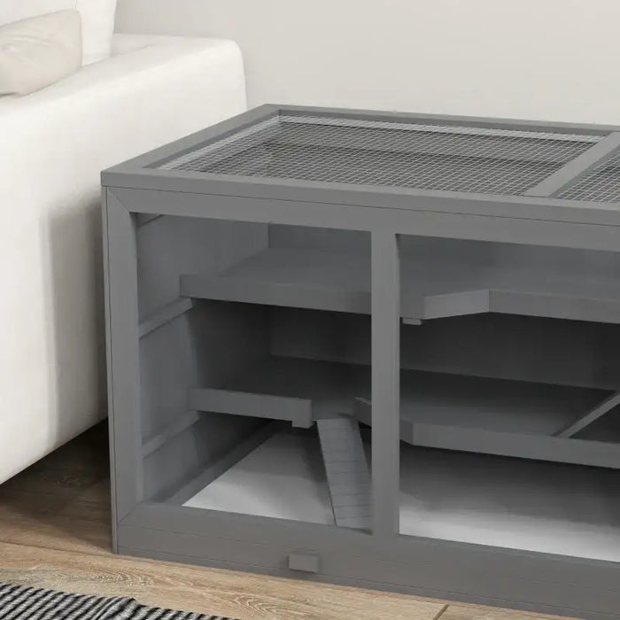 2-Level Wooden Hamster Cage - Grey | Gerbil Habitat with Spacious Run Area PAWHUT - Little and Giant Explorers PawHut