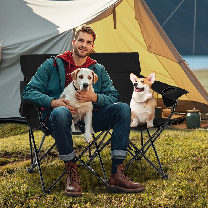 2-Person Folding Camping Chair – Black Loveseat | High Back, Cup Holders and Carry Bag COSTWAY - Little and Giant Explorers Costway