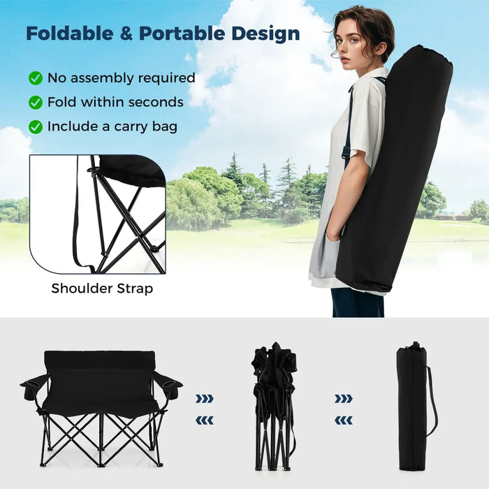 2-Person Folding Camping Chair – Black Loveseat | High Back, Cup Holders and Carry Bag COSTWAY - Little and Giant Explorers Costway