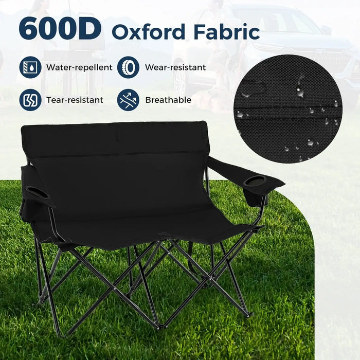 2-Person Folding Camping Chair – Black Loveseat | High Back, Cup Holders and Carry Bag COSTWAY - Little and Giant Explorers Costway