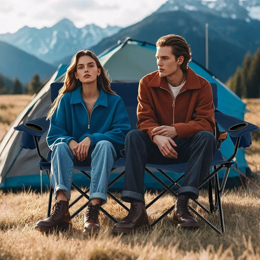2-Person Folding Camping Chair – Blue Loveseat | High Back, Cup Holders and Carry Bag COSTWAY - Little and Giant Explorers Costway