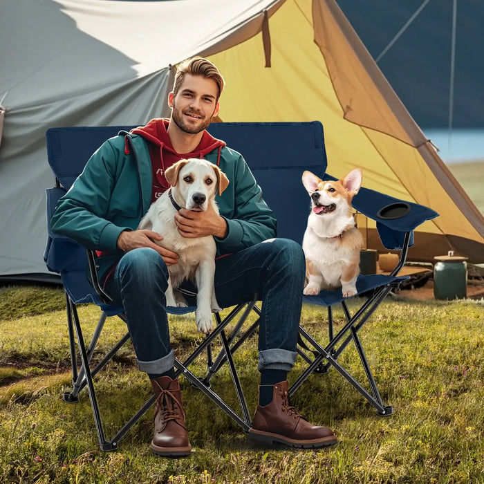 2-Person Folding Camping Chair – Blue Loveseat | High Back, Cup Holders and Carry Bag COSTWAY - Little and Giant Explorers Costway