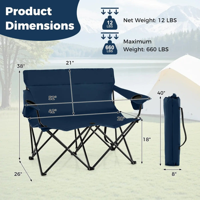 2-Person Folding Camping Chair – Blue Loveseat | High Back, Cup Holders and Carry Bag COSTWAY - Little and Giant Explorers Costway