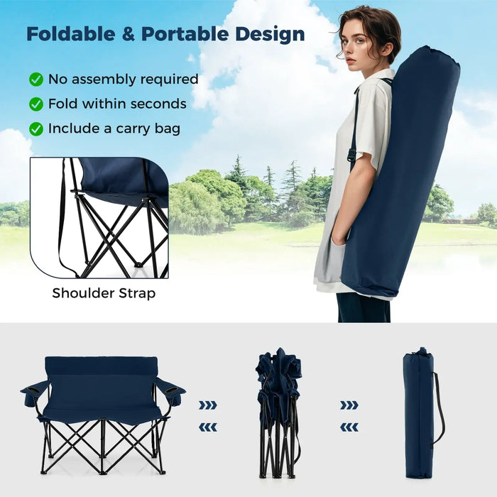 2-Person Folding Camping Chair – Blue Loveseat | High Back, Cup Holders and Carry Bag COSTWAY - Little and Giant Explorers Costway