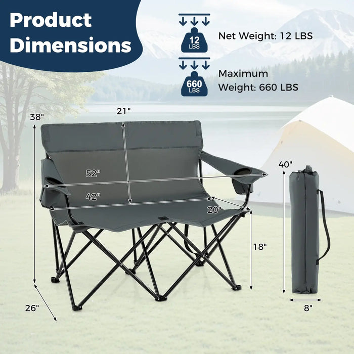 2-Person Folding Camping Chair – Grey Loveseat | High Back, Cup Holders and Carry Bag COSTWAY - Little and Giant Explorers Costway