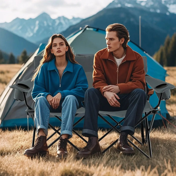 2-Person Folding Camping Chair – Grey Loveseat | High Back, Cup Holders and Carry Bag COSTWAY - Little and Giant Explorers Costway