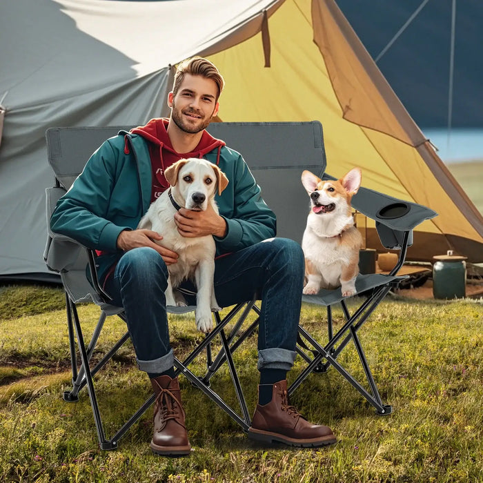 2-Person Folding Camping Chair – Grey Loveseat | High Back, Cup Holders and Carry Bag COSTWAY - Little and Giant Explorers Costway