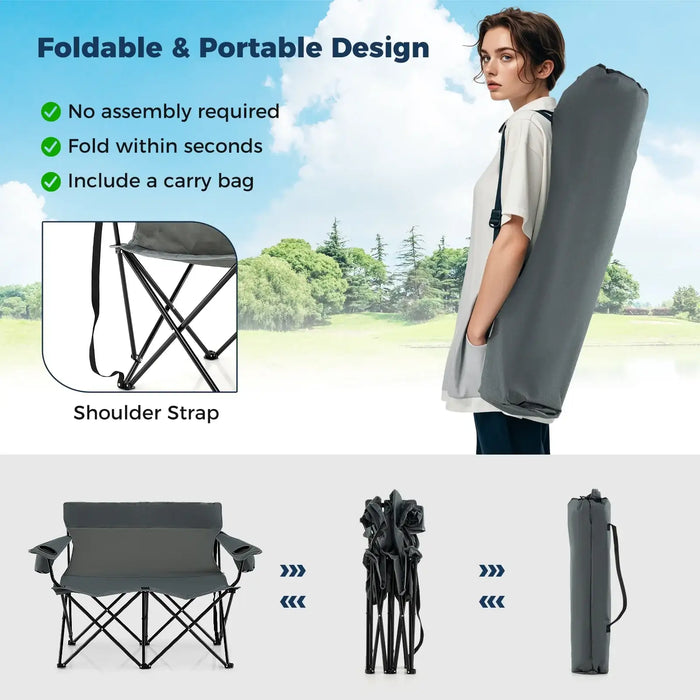 2-Person Folding Camping Chair – Grey Loveseat | High Back, Cup Holders and Carry Bag COSTWAY - Little and Giant Explorers Costway