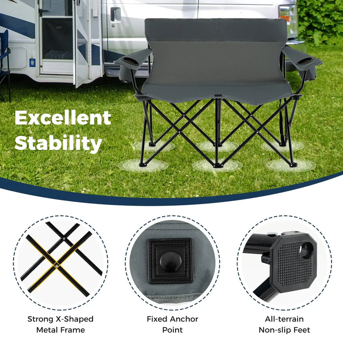 2-Person Folding Camping Chair – Grey Loveseat | High Back, Cup Holders and Carry Bag COSTWAY - Little and Giant Explorers Costway