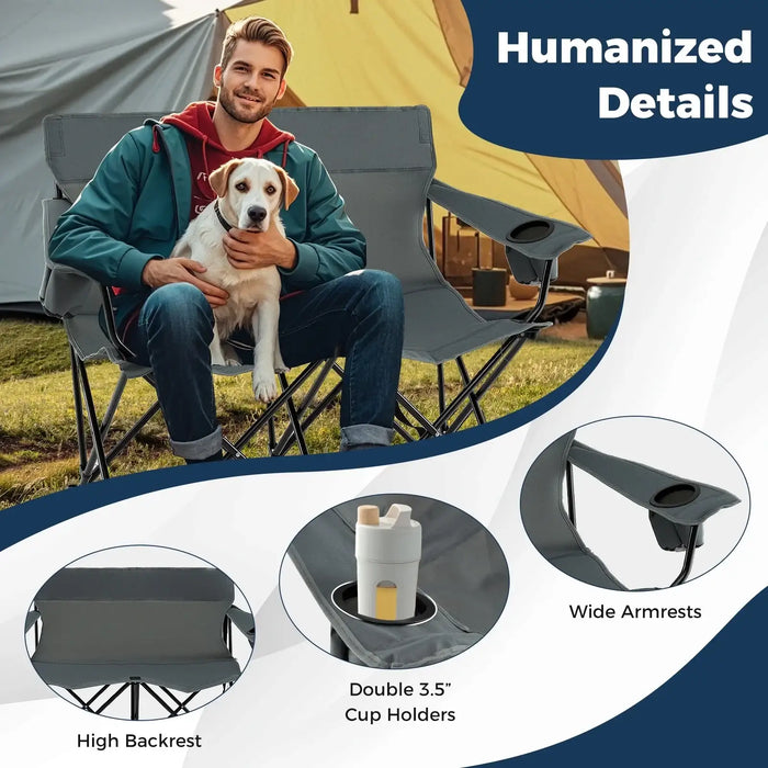 2-Person Folding Camping Chair – Grey Loveseat | High Back, Cup Holders and Carry Bag COSTWAY - Little and Giant Explorers Costway