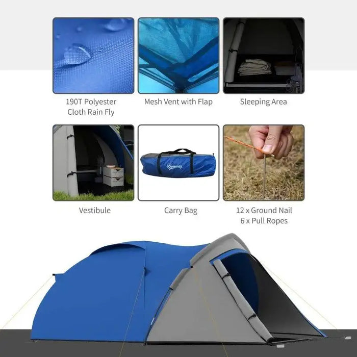 Blue and grey 2-person dome tent with front vestibule, rain fly, carry bag, and ground stakes.