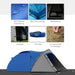 Blue and grey 2-person dome tent with front vestibule, rain fly, carry bag, and ground stakes.
