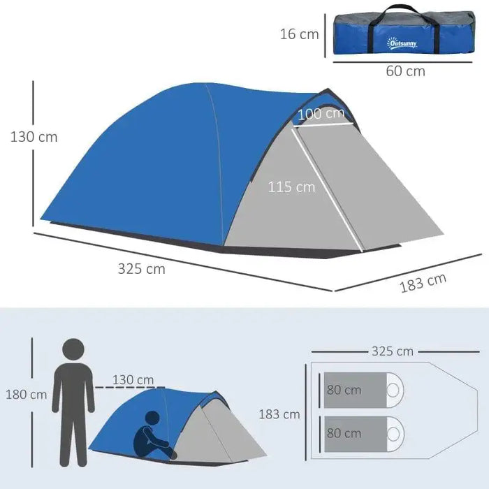 Blue and grey 2-person dome tent with front vestibule, waterproof, size diagram included