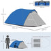 Blue and grey 2-person dome tent with front vestibule, waterproof, size diagram included
