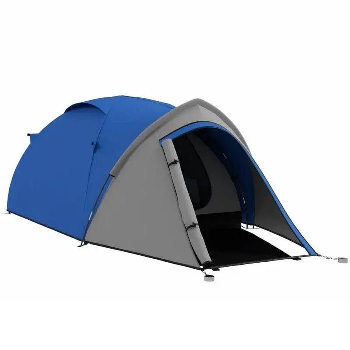 Blue and grey 2-person dome tent with front vestibule and open entrance on white background