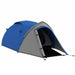 Blue and grey 2-person dome tent with front vestibule and open entrance on white background