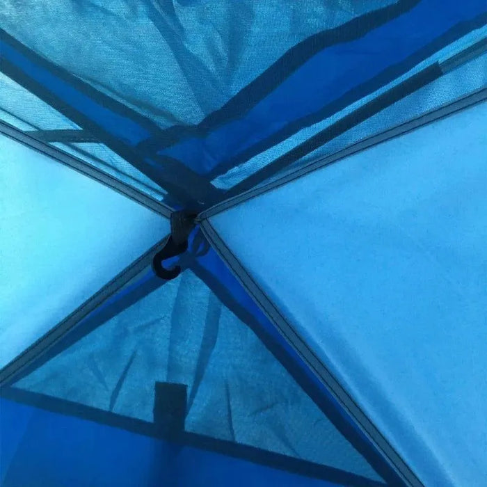 Interior roof view of blue and grey 2-person dome tent with mesh panels and hook