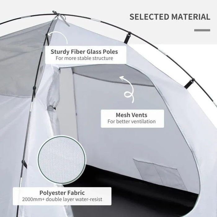 Blue and grey 2-person dome tent with fiberglass poles, mesh vents, and 2000mm waterproof polyester fabric