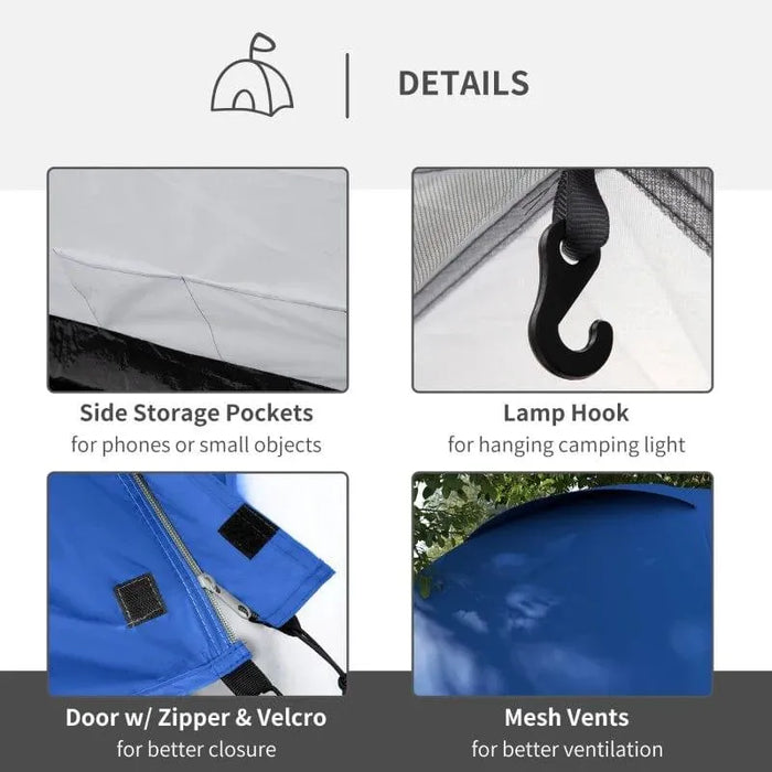 Details of 2-person dome tent with side storage pockets, lamp hook, mesh vents, and blue door zipper
