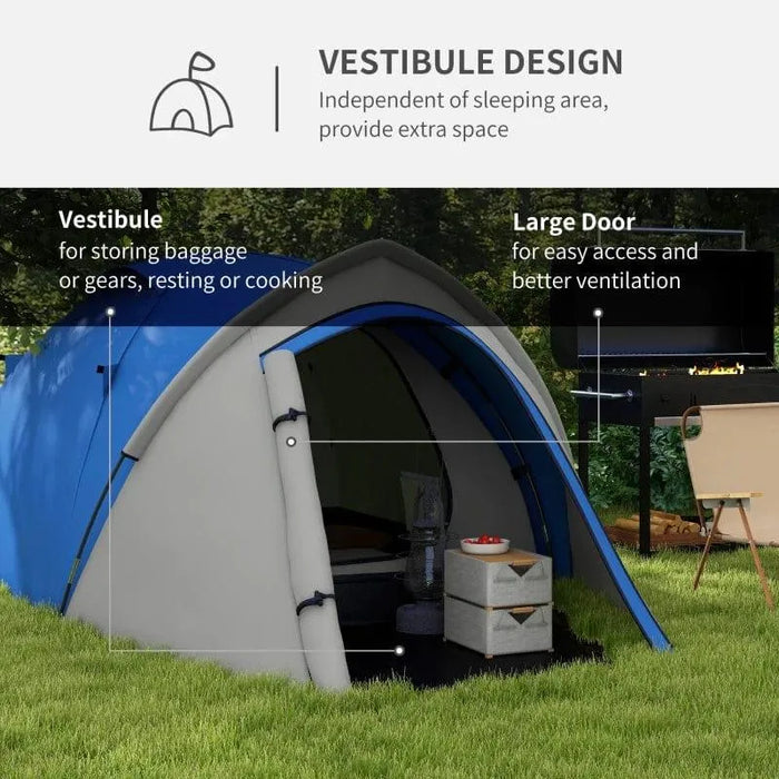 Blue and grey 2-person dome tent with vestibule and large door set up on grass outdoors