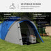 Blue and grey 2-person dome tent with vestibule and large door set up on grass outdoors