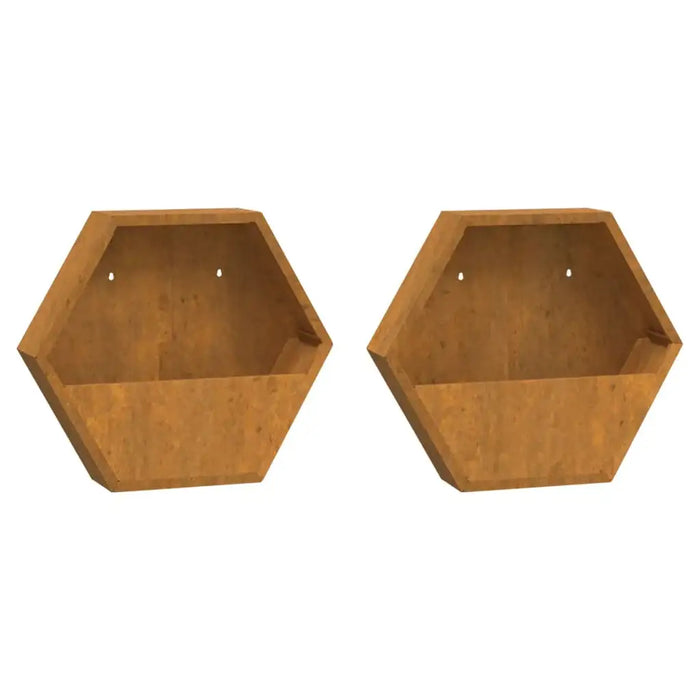 Two hexagonal corten steel wall planters with weathered rust finish for indoor or outdoor gardening