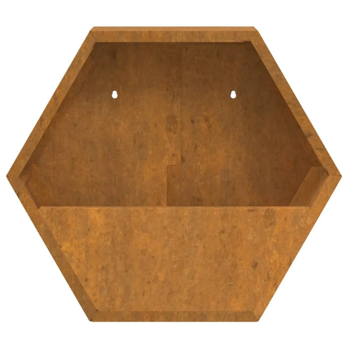 Hexagonal 2-piece wall planter set made of rust-colored corten weathering steel for garden walls