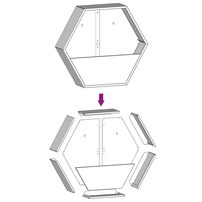 Diagram showing assembly of hexagonal wall planter with detachable panels and a bottom container for Little and Giant Explorers
