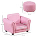 Pink 2-piece kids armchair set with footstool, chair and stool dimensions labeled