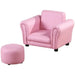 Pink kids armchair with matching footstool, toddler furniture set on white background