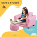 Pink kids armchair set with footstool, child sitting and drawing, safe and sturdy design