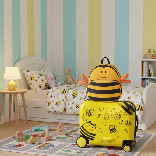 2-Piece Kids Ride-On Luggage Set – Bee Design | 18" Hard-shell Suitcase and 12" Backpack COSTWAY - Little and Giant Explorers Costway