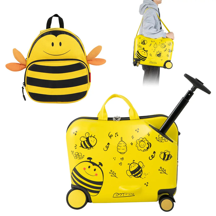 2-Piece Kids Ride-On Luggage Set – Bee Design | 18" Hard-shell Suitcase and 12" Backpack COSTWAY - Little and Giant Explorers Costway