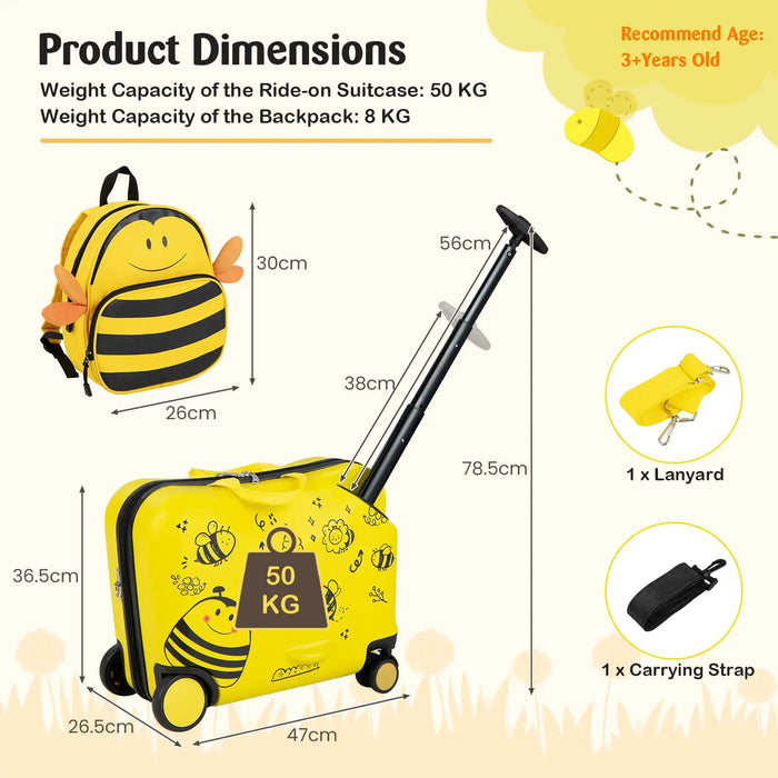 2-Piece Kids Ride-On Luggage Set – Bee Design | 18" Hard-shell Suitcase and 12" Backpack COSTWAY - Little and Giant Explorers Costway