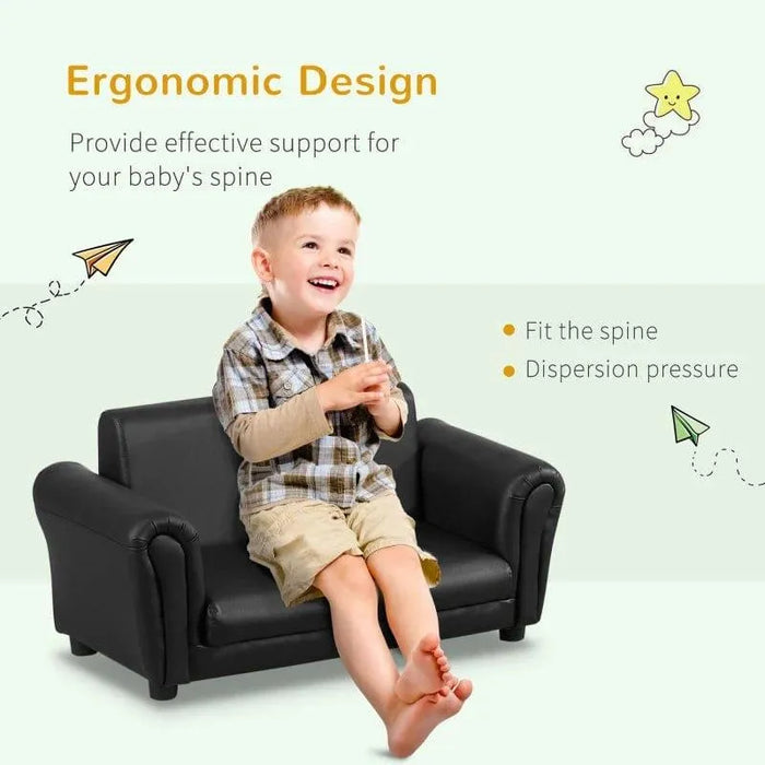 Smiling child sitting on a black 2-piece kids sofa set with ergonomic design text.