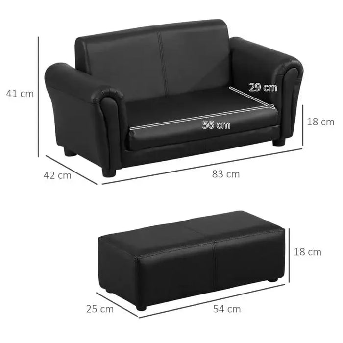 Black 2-piece kids sofa set with loveseat and matching footstool, dimensions labeled.