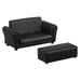 Black 2-piece kids sofa set with two-seater loveseat and matching footstool on white background.