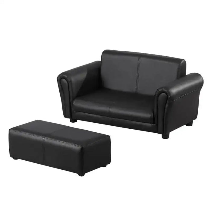 Black two-piece kids sofa set with a two-seater loveseat and matching footstool