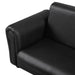 Close-up of black two-seater kids sofa armrest and seat, faux leather upholstery