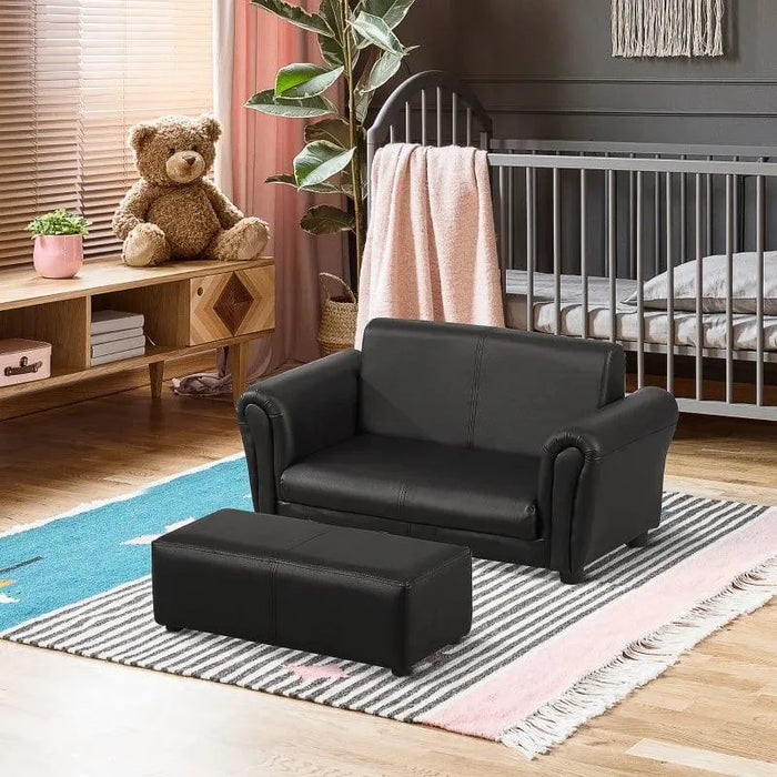 Black kids' two-seater sofa and footstool set in modern nursery room