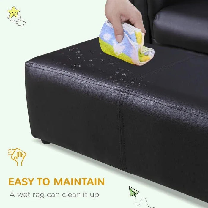 Hand wiping water off black kids sofa footstool, easy to clean faux leather surface