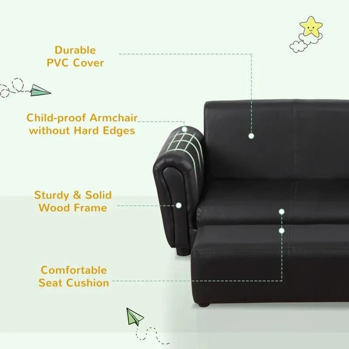 Black kids sofa loveseat with durable PVC cover, child-proof armchair, and comfy seat cushion