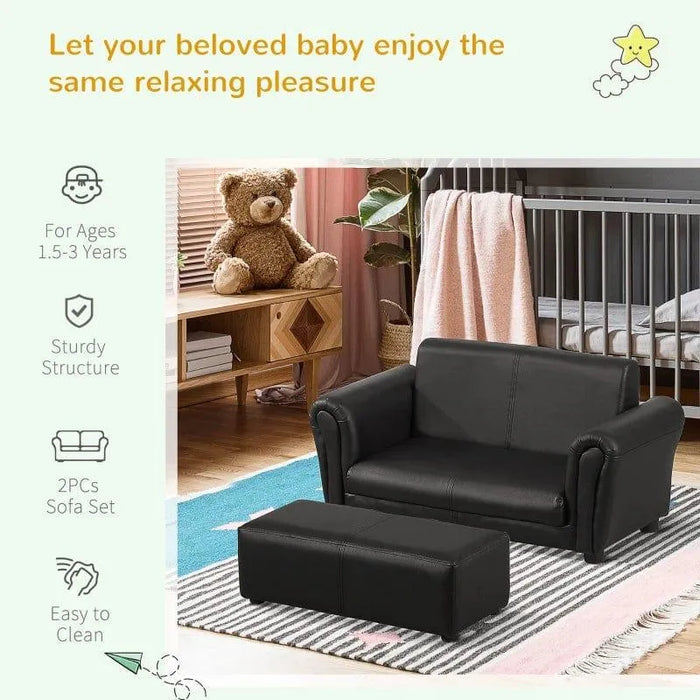 Black 2-piece kids sofa set with loveseat and footstool in nursery room